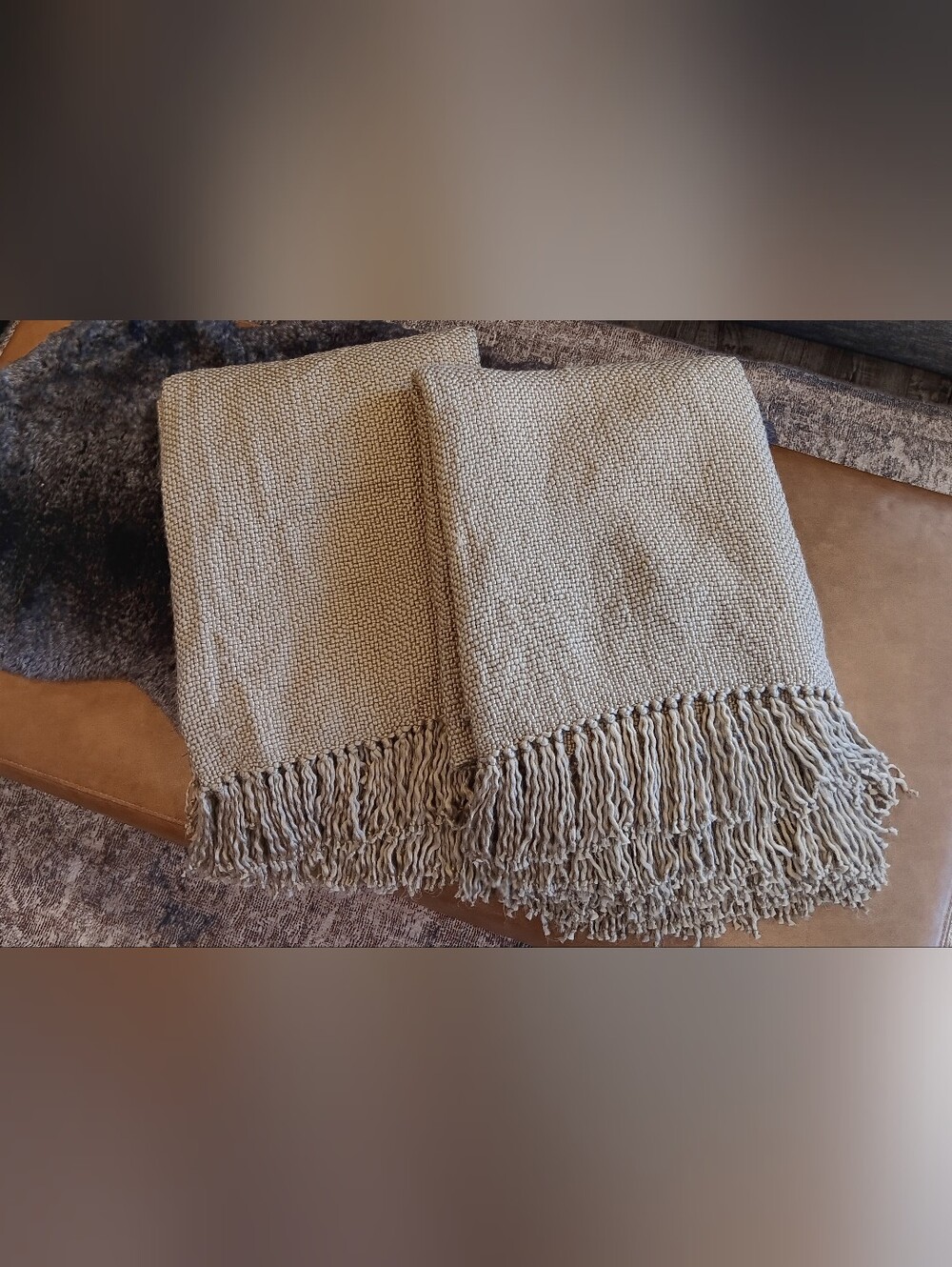 PAIR of Crate&Barrel Neutral Fringe Throw Blanket - Sand. Absolutely Beautiful!